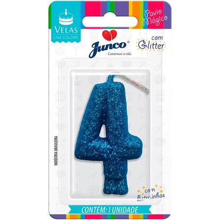 Vela Aniversario Junco Live Colors N4 Azul Glitter