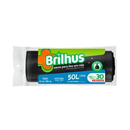 Saco Para Lixo Brilhus Rolo Preto 50l 30un 
 