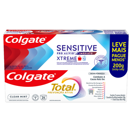 Kit Creme Dental Sensitive 110g  Anticárie Clean Mint Total 90g Colgate Leve Mais Pague Menos