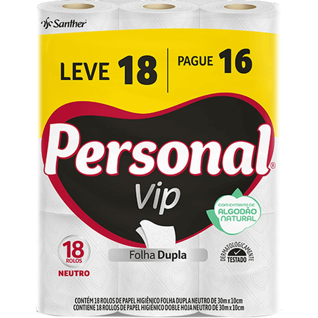 Papel Higiênico Personal Vip 30m - Folha Dupla - Neutro - Leve 18, Pague 16 Rolos