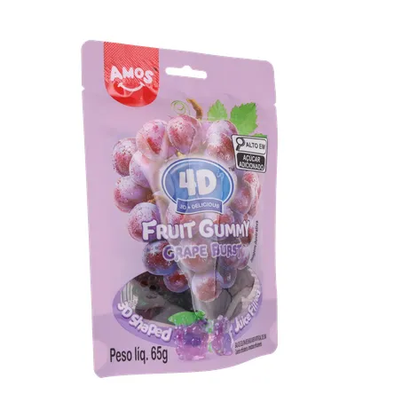 Balas de Gelatina Amos Fruit Gummy Grape Burst Juice Filled Sachê 65gr 360-33
