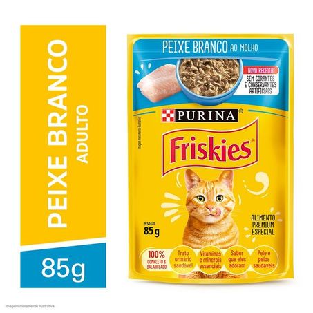 Ração úmida friskies sachê para gatos adultos sabor peixe branco ao molho 85g