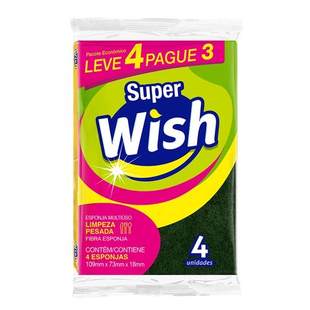 ESPONJA DE COZINHA MULTIUSO SUPER WISH COM 4 UNIDADES