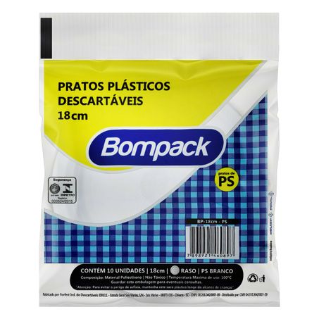 PRATO PLÁSTICO DESCARTÁVEL RASO BRANCO BOMPACK 18CM COM 10 UNIDADES