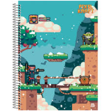 Caderno animativa grande capa dura 80 folhas pixel kraft com bolsa e adesivos