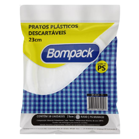 PRATO PLÁSTICO DESCARTÁVEL RASO BRANCO BOMPACK 23CM COM 10 UNIDADES