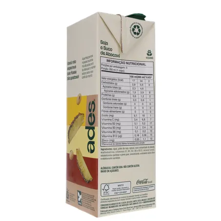 Bebida a Base de Soja Ades Sabor Abacaxi Caixa 1lt 360-24