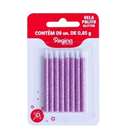 Vela Palito Regina Glitter Rosa Com 8 Unidades