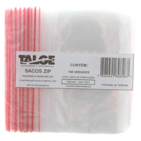 SACO PLÁSTICO HERMÉTICO ZIP LOCK N08 17 X 24CM C/100UN TALGE