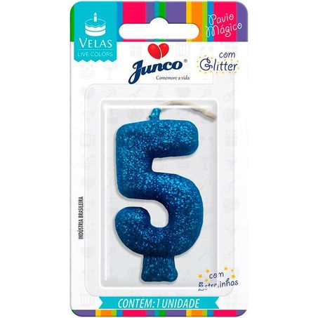 Vela Aniversario Junco Live Colors N5 Azul Glitter