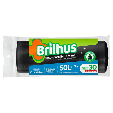 Saco para Lixo Brilhus 50 Litros - Rolo com 30 Unidades