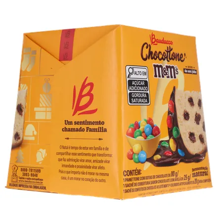 Panettone Bauducco Chocottone M&M's, Contém 1 Sachê de Cobertura Chocolate com Avelã 25gr + 1 Sachê de Confeitos Coloridos 20gr Caixa 80gr 360-31