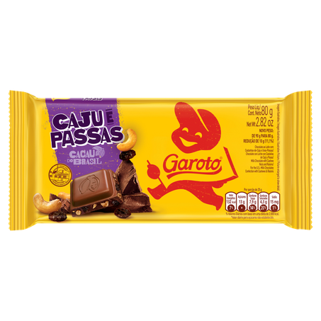 Chocolate barra garoto caju e passas 80g