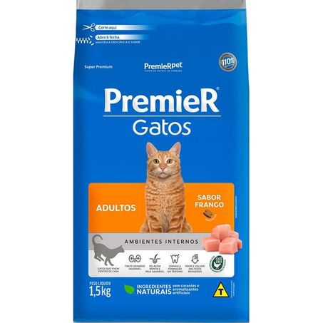 Ração Premier Ambientes Internos para Gatos Adultos Sabor Frango 1,5Kg