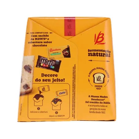 Panettone Bauducco Chocottone M&M's, Contém 1 Sachê de Cobertura Chocolate com Avelã 25gr + 1 Sachê de Confeitos Coloridos 20gr Caixa 80gr 360-9