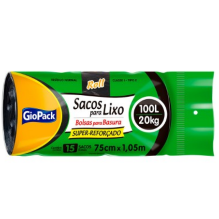 Saco lixo 100l/20kg 15un reforçado 75x105cm roll giopack