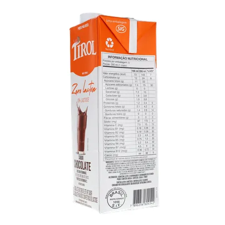 Bebida Láctea UHT Tirol Chocolate Zero Lactose Caixa com Tampa 1lt 360-24