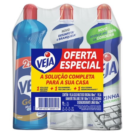 Conjunto Veja 500ml - 1 Limpador Multiuso + 1 Desengordurante + 1 Tira-limo