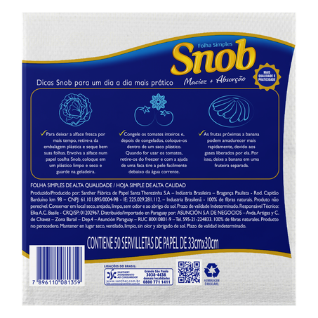 GUARDANAPO DE PAPEL FOLHA SIMPLES SNOB 33cm x 30cm Pacote 50 Unidades 360-1