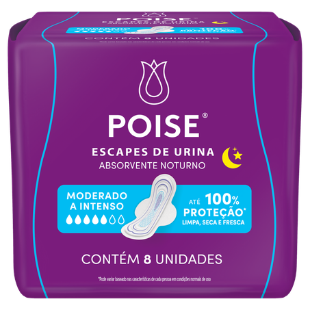ABSORVENTE ÍNTIMO POISE COM ABAS ESCAPES DE URINA MODERADO A INTENSO NOTURNO PACOTE C/8UNID