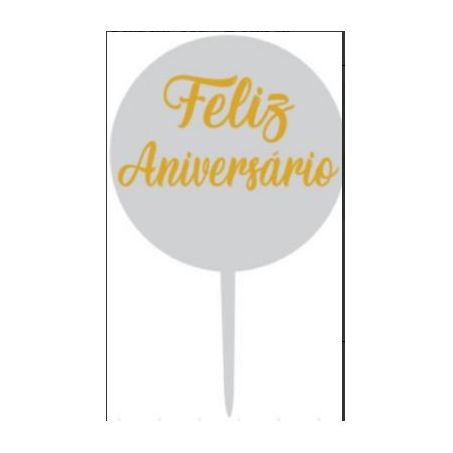 TOPO DE BOLO FELIZ ANIVERSARIO REDONDO PRATA 10X16CM