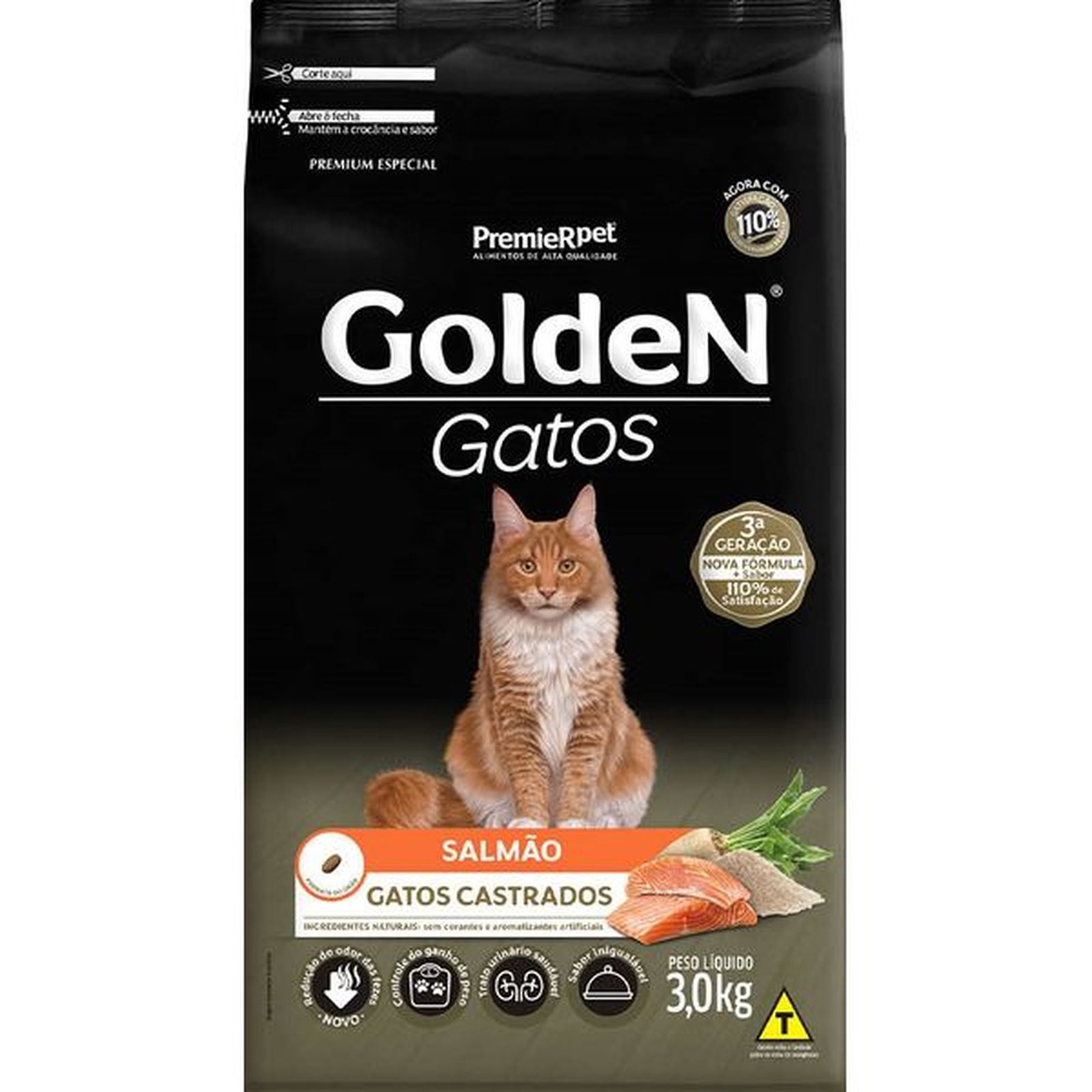 Ração Golden para Gatos Adultos Castrados Sabor Salmão 3Kg