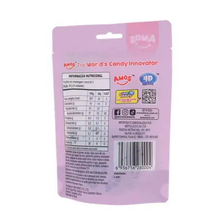 Balas de Gelatina Amos Fruit Gummy Grape Burst Juice Filled Sachê 65gr 360-19