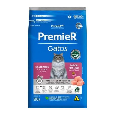 Ração Premier para Gatos Castrados de 7 a 11 anos Sabor Frango 500Gr
