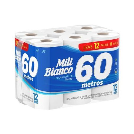 PAPEL HIGIÊNICO MILI 60M FOLHA SIMPLES NEUTRO LEVE 12 PAGUE 11 ROLOS