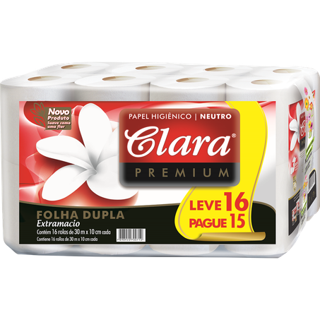 PAPEL HIGIÊNICO CLARA PREMIUM EXTRAMACIO FOLHA DUPLA PACOTE LEVE 16 PAGUE 15 30MT