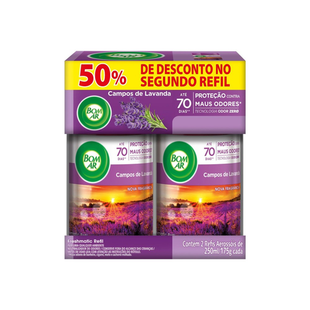 Desodorizador Bom Ar Spray Automático Campos de Lavanda Refil 250Ml 50Off Na 2ª Unidade