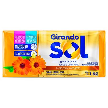 Sabao em barra tradicional amarelo girando sol 600g