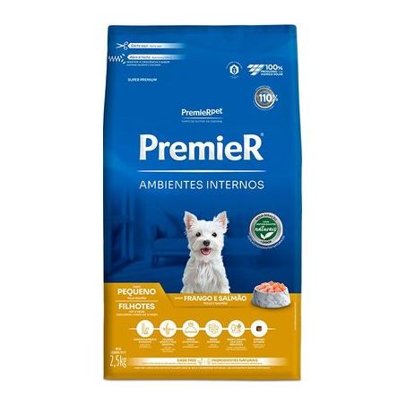 Ração Premier para Cães Filhotes de Raças Pequenas Ambientes Internos Sabor Frango e Salmão 2,5Kg