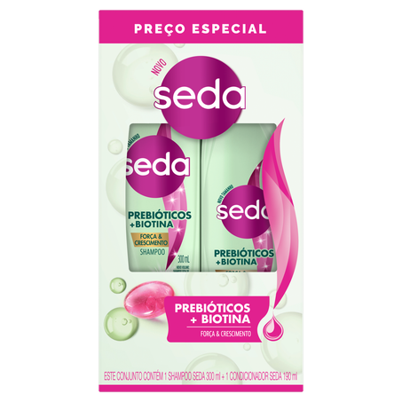 Kit Shampoo 300ml  Condicionador 190ml Força  Crescimento Seda Prebióticos  Biotina Preço Especial
