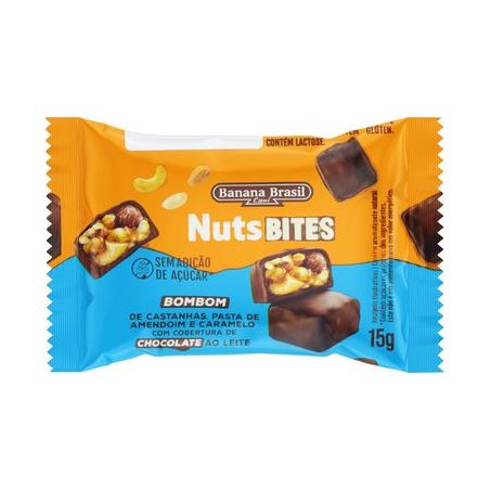 Bombom Castanhas, Pasta de Amendoim E Caramelo Banana Brasil Nuts Bites Pacote 15G