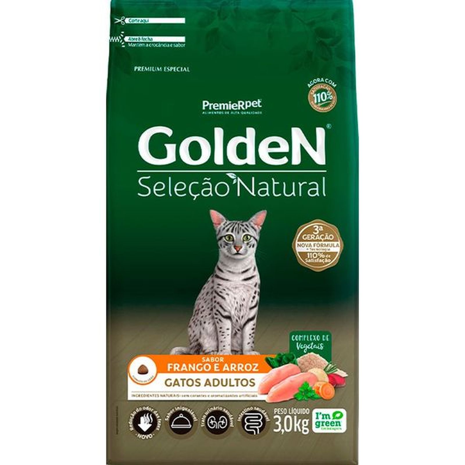 Ração Golden Seleção Natural para Gatos Adultos Sabor Frango e Arroz 3Kg