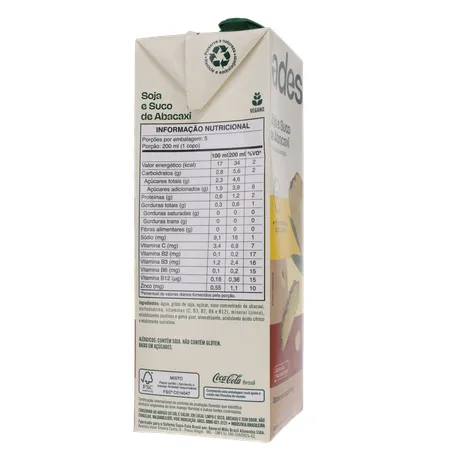 Bebida a Base de Soja Ades Sabor Abacaxi Caixa 1lt 360-29