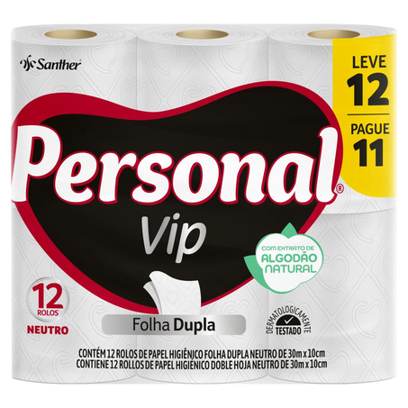 Papel Higiênico Personal Vip 30m - Folha Dupla - Neutro - Leve 12, Pague 11 Rolos