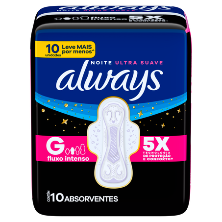 Absorvente com Abas Noite Ultrassuave Always G Pacote 10 Unidades Leve Mais Pague Menos