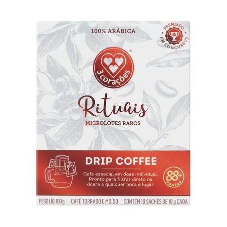 Café em Sachê Torrado E Moído Drip Coffee Filtrado 3 Corações Rituais 88+ Caixa 10 Unidades 100G