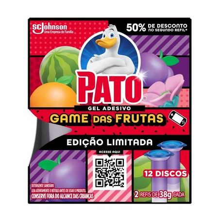 Gel adesivo sanitário pato game das frutas grátis 50% refil com 2 38g