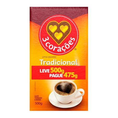 Cafe vacuo 3 coracoes tradicional 500g lv500g pg475g - torrado moido-