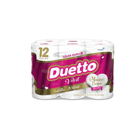 Papel Higiênico Duetto Folha Dupla Velvet  Maciez e Carinho Neutro 30m Pacote 12un
