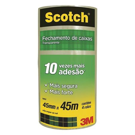Fita adesiva 3m scotch fechamento de caixas transparente 45x45 pacote c-4unid