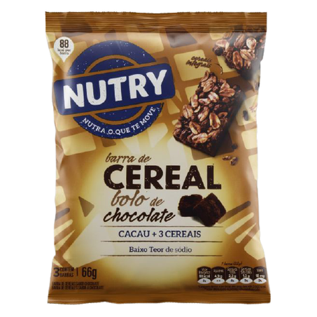 PACK BARRA DE CEREAL BOLO DE CHOCOLATE NUTRY COM 3 UNIDADES