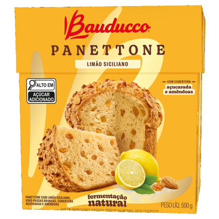 Panettone com Limão Siciliano E Passas Brancas Cobertura Açucarada E Amêndoas Bauducco Caixa 500G