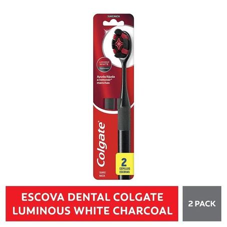 Escova dental colgate luminous white charcoal macia c/ 2 unidades