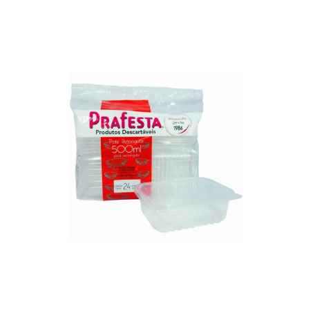 POTE PLÁSTICO RETANGULAR C/ TAMPA PRAFESTA TRANSPARENTE 500ML C/24UN