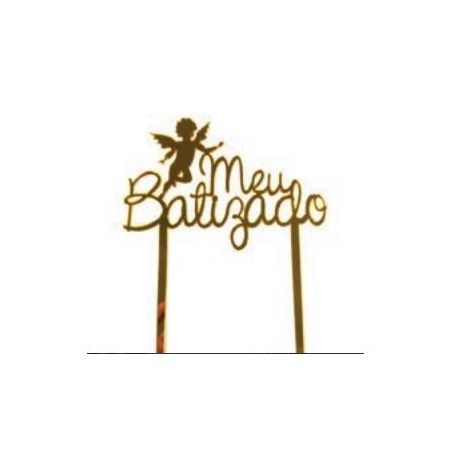 TOPO DE BOLO MEU BATIZADO DOURADO 10X16CM