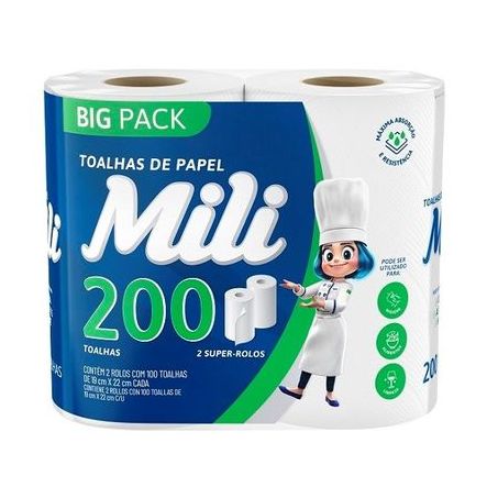 Toalhas de papel mili big pack 200 folhas c/ 2 rolos